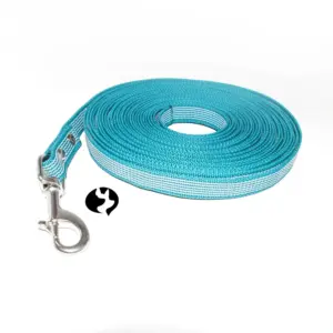 Restposten - 10m gummierte Gurtband-Leine azurblau 20mm mit Edelstahl